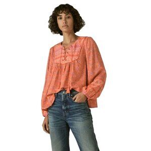 Lucky Brand Size Xs Lace Up Border Print Peasant Blouse Orange Foral Prairie